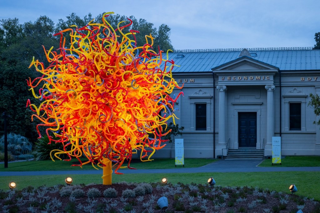 Dale Chihuly's glass artwork The Sun ablaze in front of The Museum of Economic Botany, Adelaide Botanic Garden 