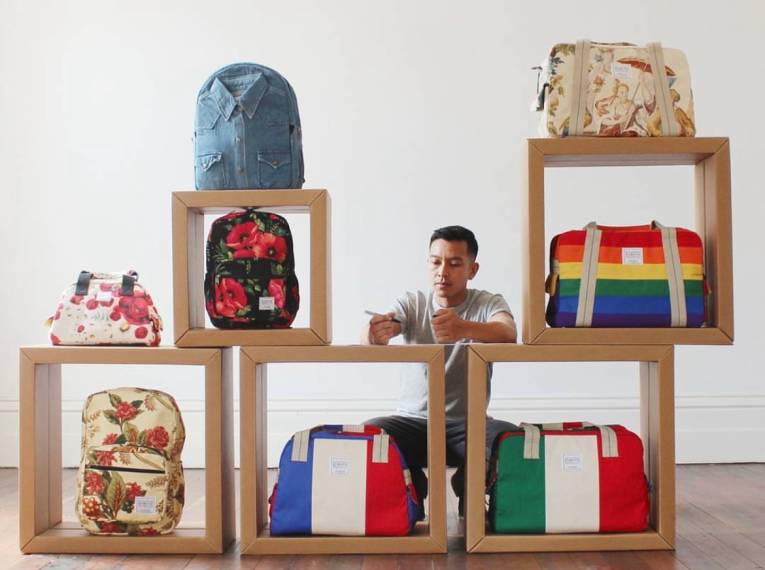 Koky Saly with some of his Tuukjet and BeeKeeper Parade bags made from upcycled materials