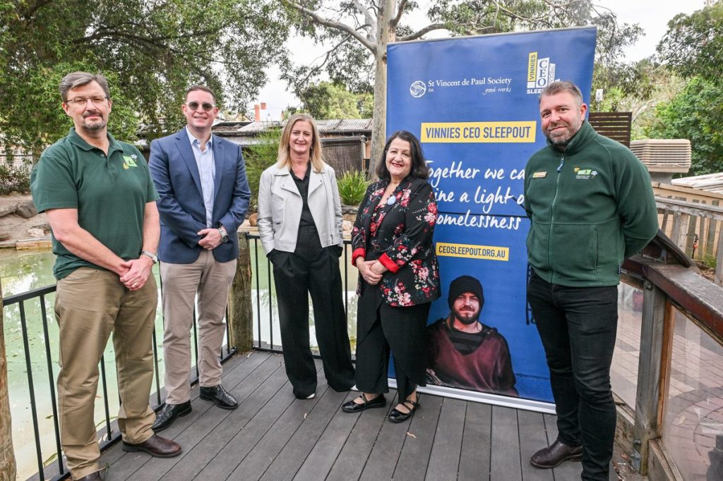LR Zoos SA CEO Dr Phil Ainsley, Andrew Sullivan, Jo Tonkin, Vinnies SA CEO Evelyn O'Loughlin and Brendan Kilpatrick for the Vinnies SA CEO Sleepout 2025