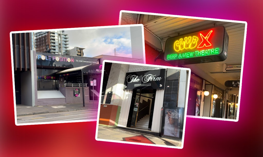 Three adult venues on Pirie Street, North Terrace and King William Street. Pictures: Tony Lewis/InDaily