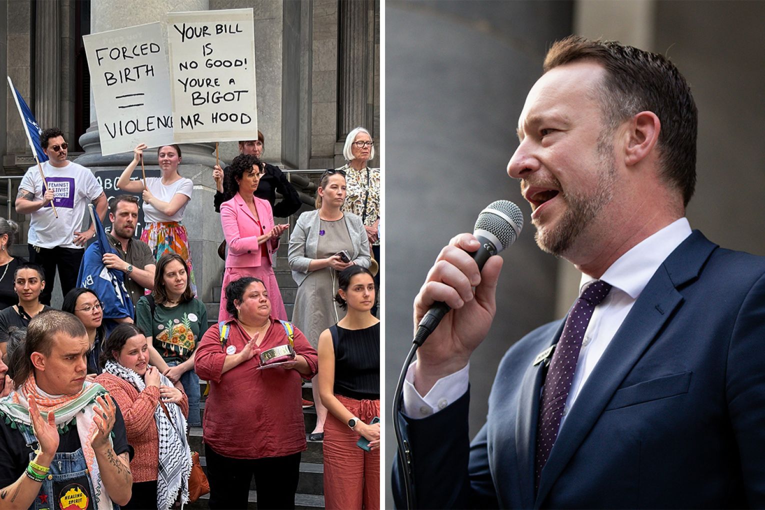 Hood's Bill drew controversy in October 2024. Left: Pro-choice protestors rallying on the steps of parliament on October 16. Right: Liberal MLC Ben Hood addressing supporters of abortion law reform at a rally on September 25. Left Photo: Abe Maddison/AAP, right photo: Matt Turner/AAP