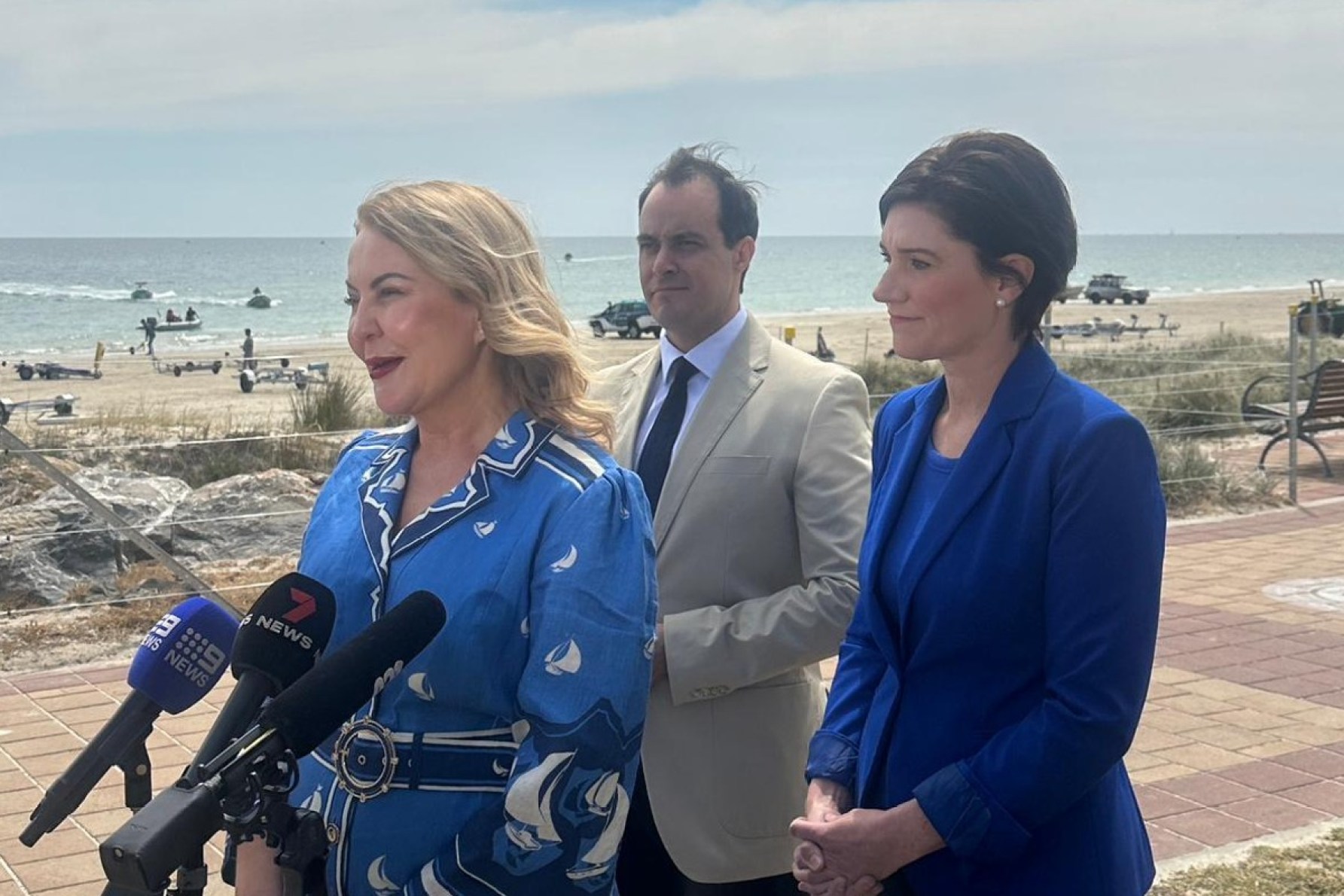 Holdfast Bay Mayor Amanda Wilson speaking to media alongside Opposition leader Vincent Tarzia and federal candidate for Boothby Nicolle Flint. Wilson was announced as the Liberal Party's candidate for the state seat of Black on  Saturday, October 12. Photo: supplied