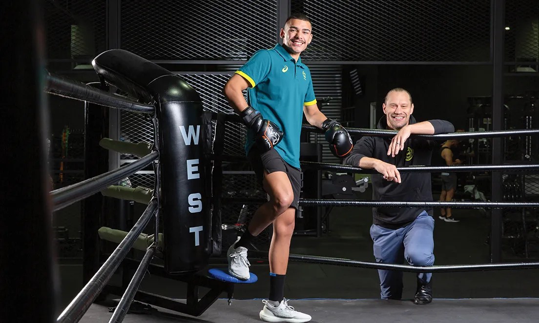 Before leaving for Paris to compete in his first Olympic Games, exciting Davoren Park boxer Callum Peters, 21, took some words of wisdom from Adelaide-raised heavyweight Johan Linde who competed in London 2012. Photo: Ben Kelly.