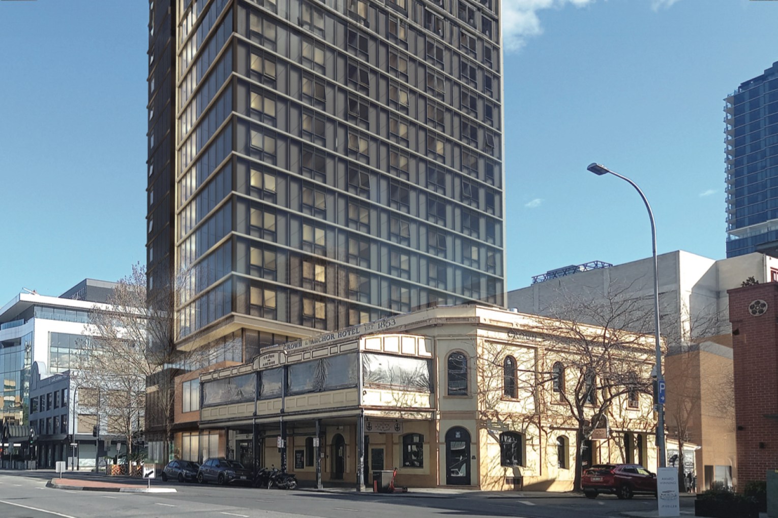 A render of the reworked tower proposed for next to the Crown & Anchor on the Grenfell St/Frome St corner. The original plan aimed to gut the hotel and build directly above it. Image supplied by State Government 