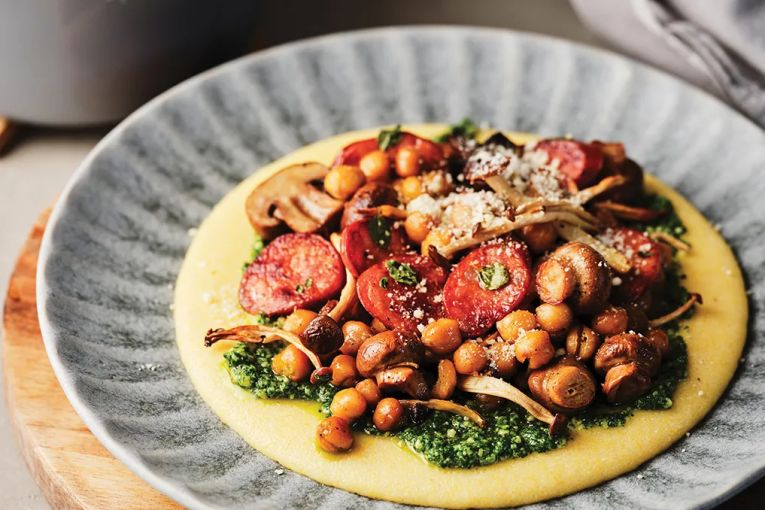 Thumbnail for Roasted mushroom, chorizo & chickpeas with pesto polenta