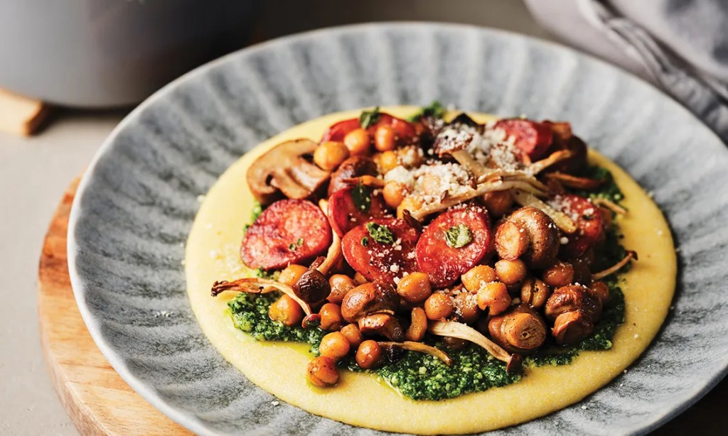 Thumbnail for Roasted mushroom, chorizo & chickpeas with pesto polenta