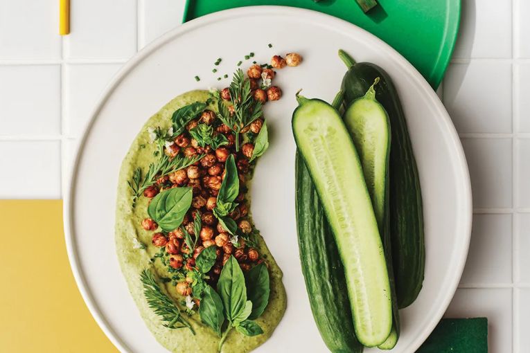 Thumbnail for Herby hummus with crispy chickpeas and cucumber