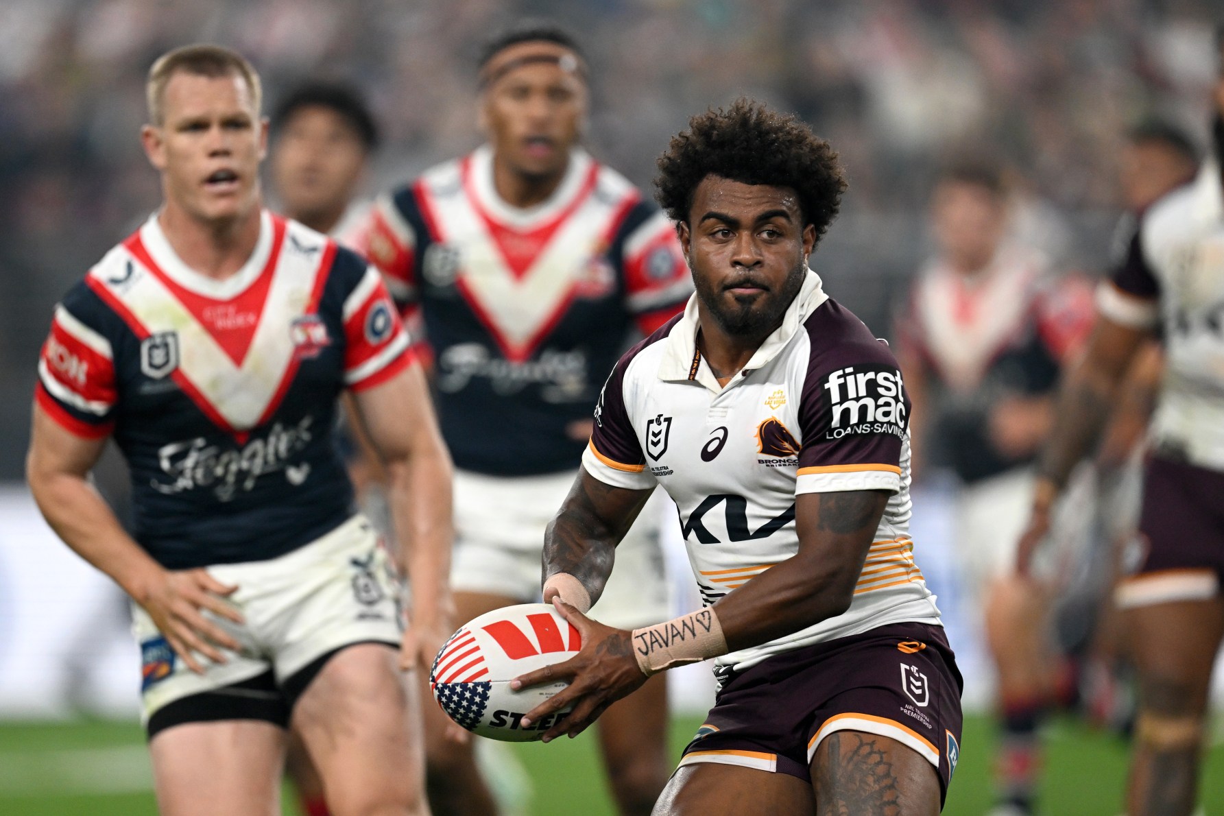 Ezra Mam of the Broncos during the NRL Round 1 match between the Sydney Roosters and the Brisbane Broncos at Allegiant Stadium in ​Las Vegas, United States in Las Vegas, United States, Saturday, March 2, 2024. (AAP Image/Grant Trouville/via NRL Photos) NO ARCHIVING, EDITORIAL USE ONLY