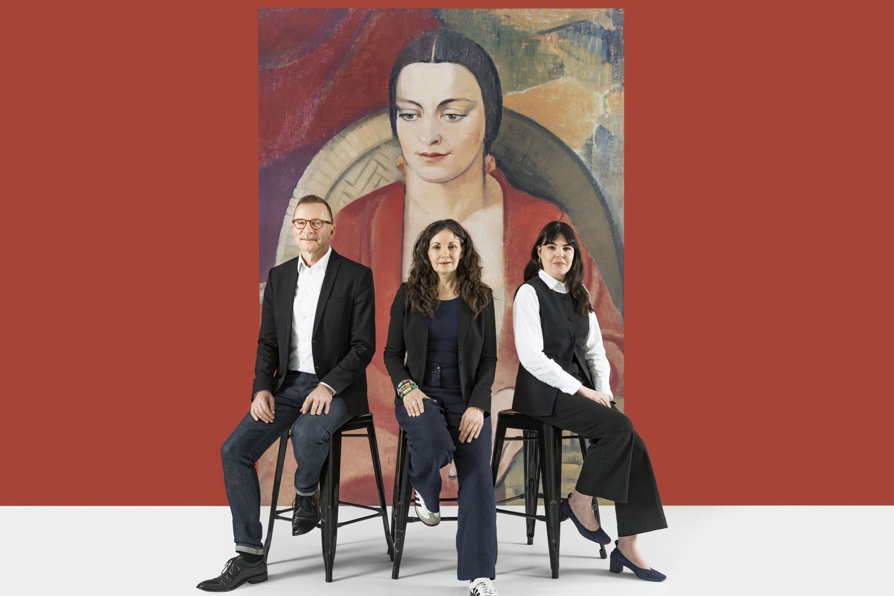 ‘Dangerously Modern’ co-curators Wayne Tunnicliffe, Tracey Lock and Elle Freak with artist Grace Crowley’s 1930 painting ‘Miss Gwen Ridley’. Photo: Saul Steed