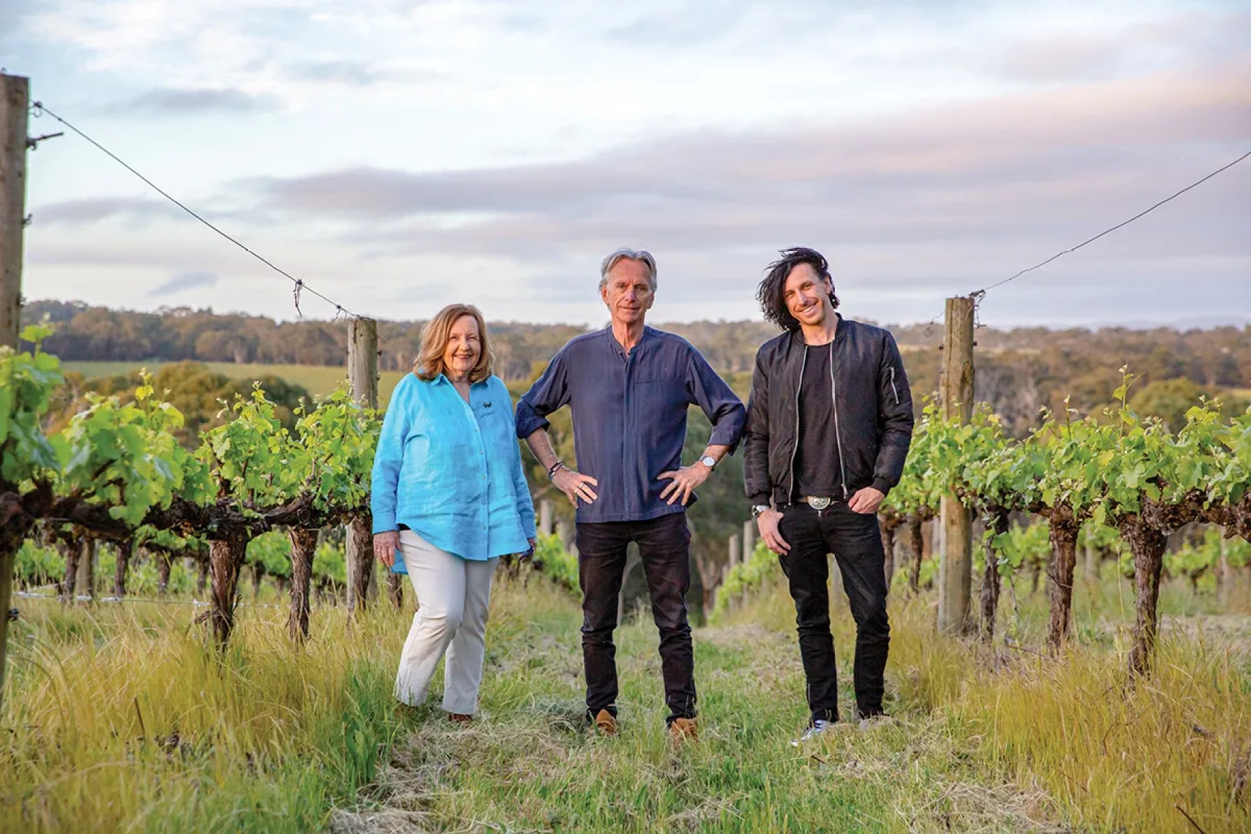 Filmmakers Kerry Heysen-Hicks AM, Scott Hicks and their son Jett Heysen-Hicks find sanctuary in their picturesque slice of the Fleurieu at Yacca Paddock Vineyards where Scott and Kerry have revegetated a large portion of their land with native trees. Photograph: Ben Kelly.