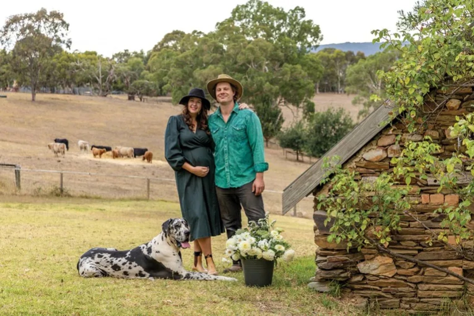 Emma Gilbert and Ryan French in the hills of Clarendon where they breed heritage poultry and cattle. Photograph: Ben Kelly.