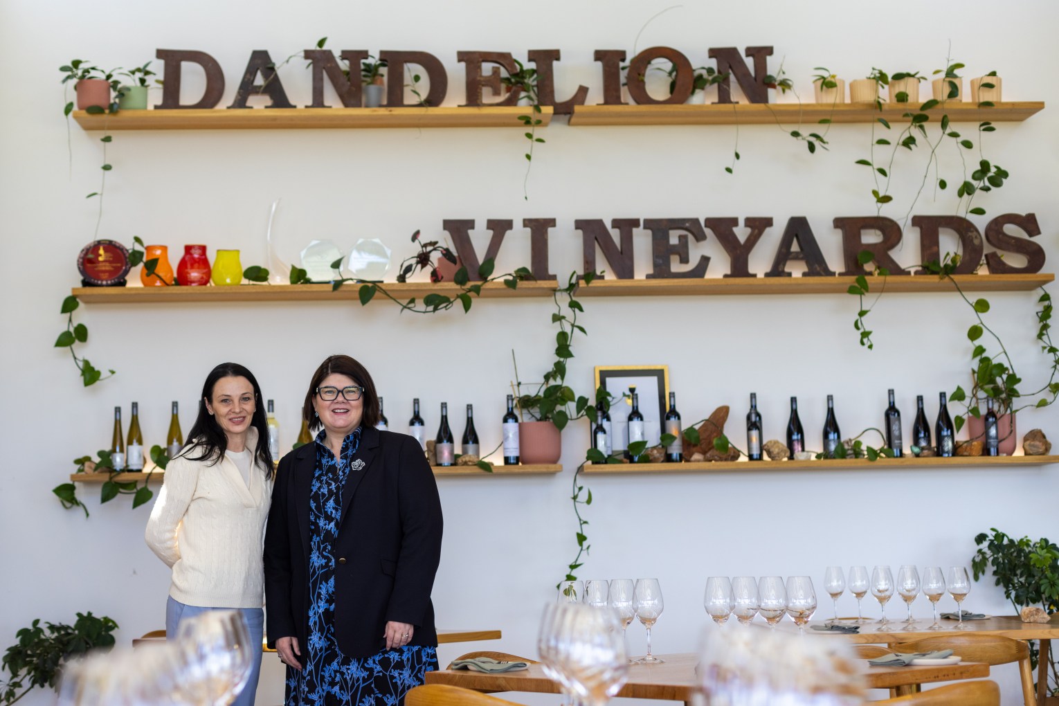 Elena and Zar Brooks' Dandelion Vineyards was recognised at an international award ceremony in Italy. Elena is pictured with Minister for Tourism Zoe Bettison. photo: supplied