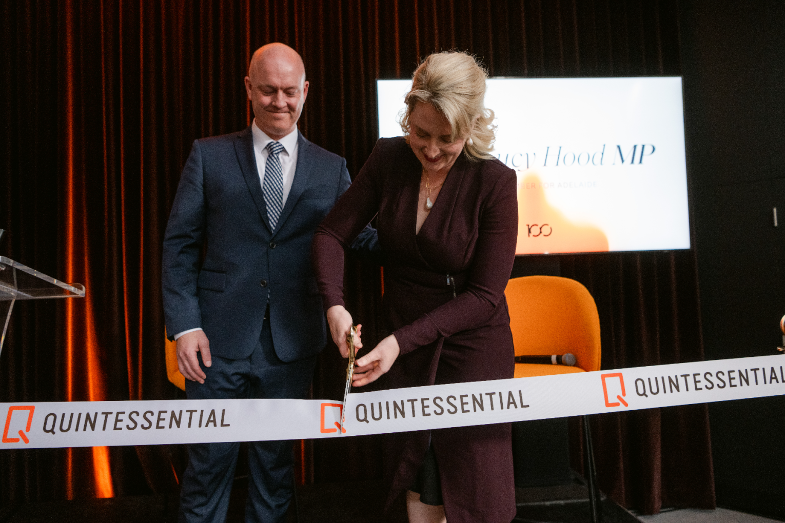 Adelaide MP Lucy Hood opens the refurbished office tower with Quintessential CEO Richard Lucas. Photo: Supplied.