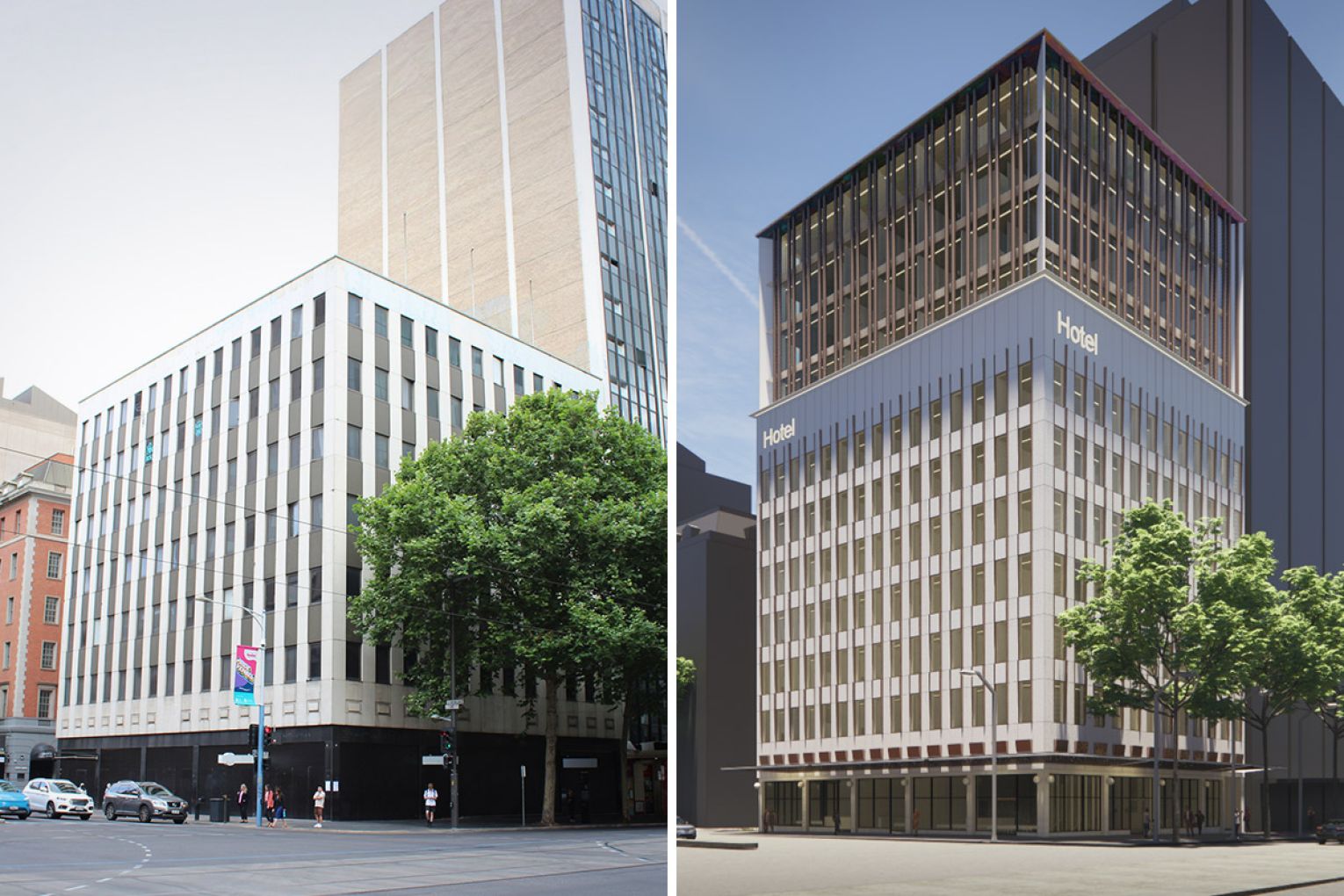 The old Adelaide Metro infocentre on the corner of King William and Currie Street (left) could get a new lease of life as a hotel (right). Left Photo: Thomas Kelsall/InDaily, right render: Loucas Zahos Architects/supplied