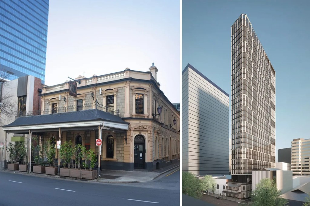 The Duke of York Hotel on Currie Street is the latest CBD pub to be targeted for high-rise development. Left photo: Thomas Kelsall/InDaily. Right render: Telha Clarke Architects