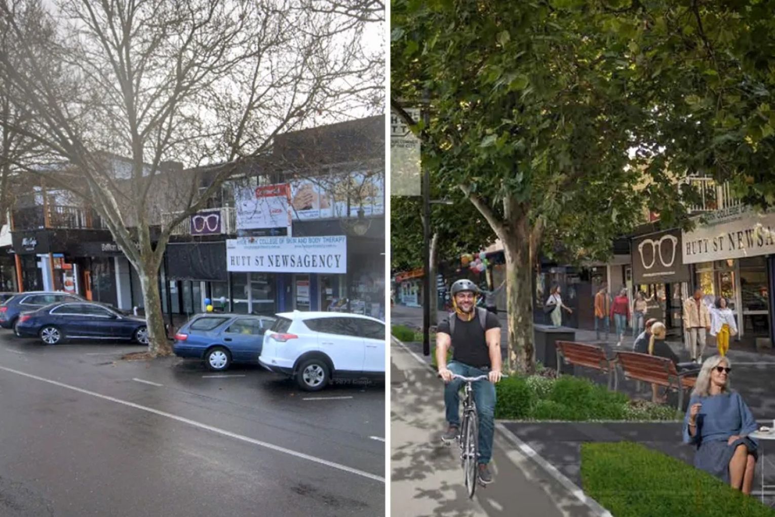 A Hutt Street upgrade design concept would replace more than half the current angle parks with cycle paths and wider footpaths for outdoor dining. Left image: via Google maps. Right image: City of Adelaide.