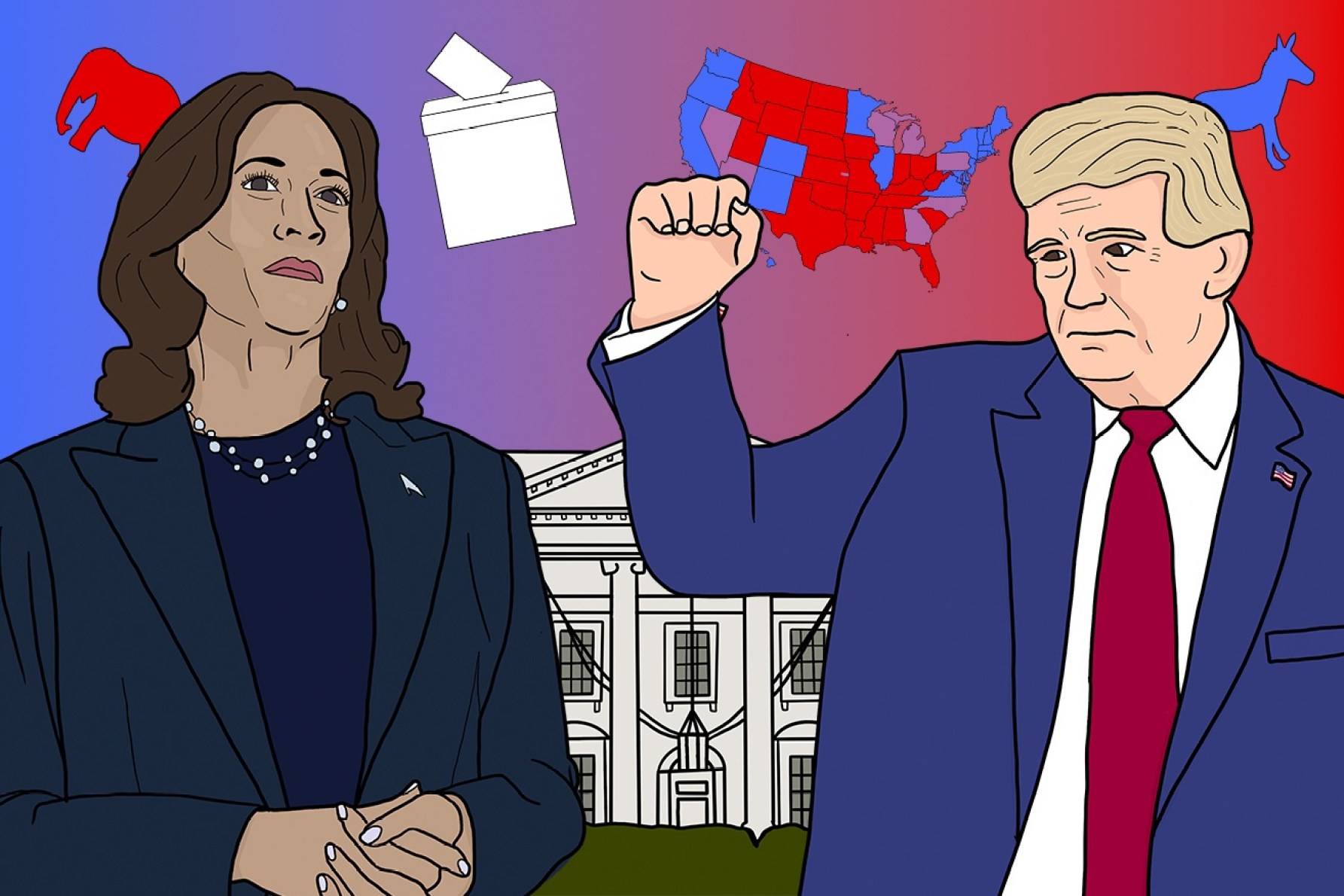 Americans will decide if Kamala Harris or Donald Trump will be the next US president on November 5. Illustration: Zara Falkiner-Rose (TND)