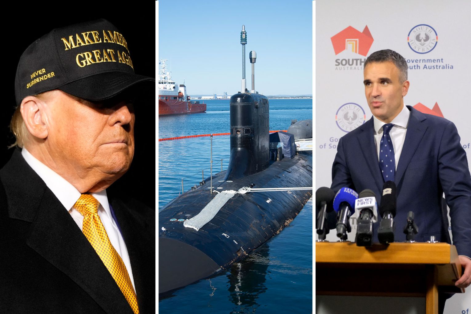 Premier Peter Malinauskas said he does not "think there’s any reason to be particularly fearful" about the future of AUKUS under former US President's Donald Trump's leadership. Left photo: AP, centre photo: Aaron Bunch/AAP, right photo: Isabella Kelly/InDaily
