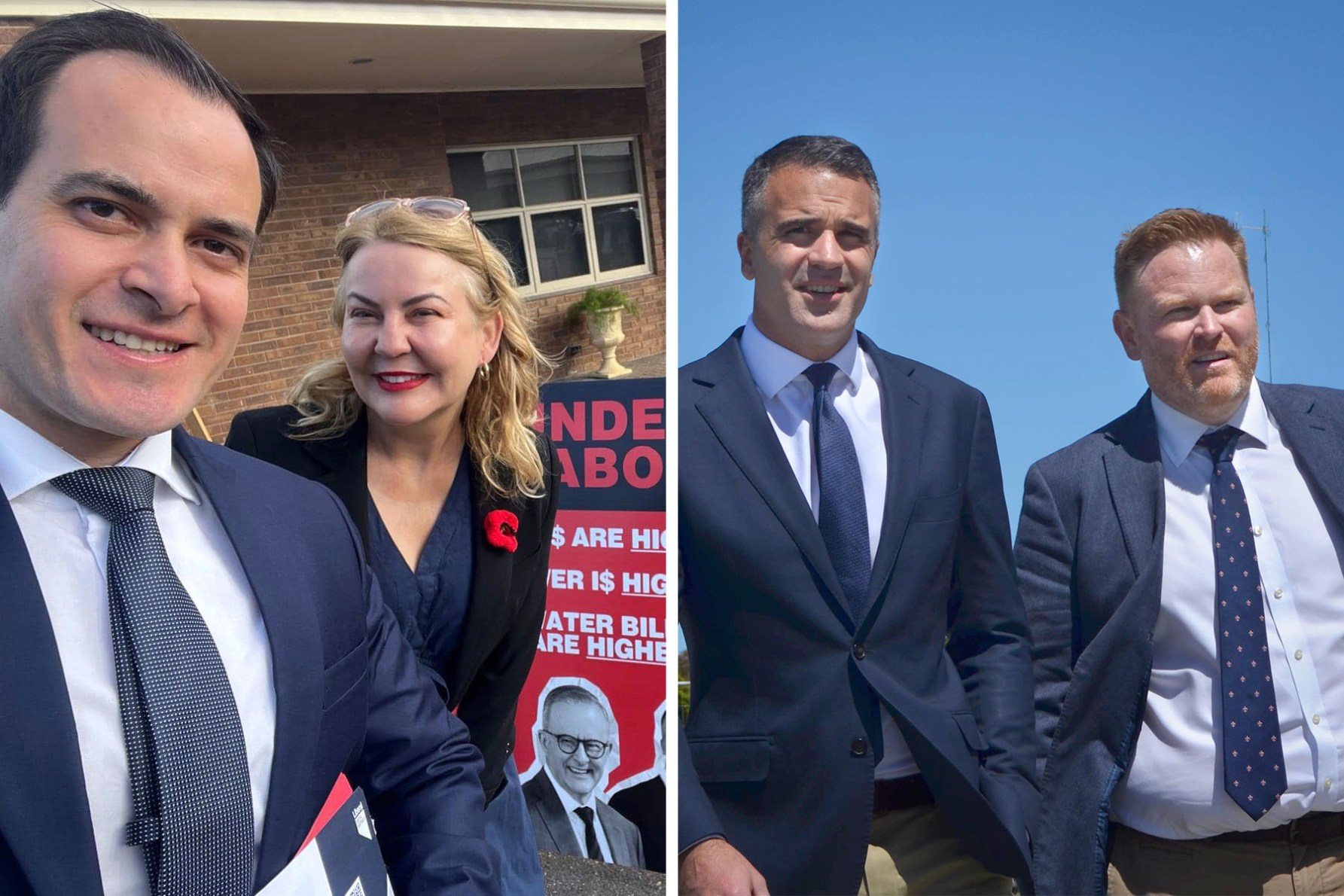 (L-R) Opposition leader Vincent Tarzia, Liberal candidate for Black Amanda Wilson, Premier Peter Malinauskas and Labor candidate for Black Alex Dighton. Left photo: Vincent Tarzia/Facebook, right photo: Thomas Kelsall/InDaily