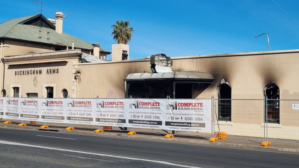 The Buckingham Arms Hotel after Saturday's fire. Photo: Thomas Kelsall/InDaily