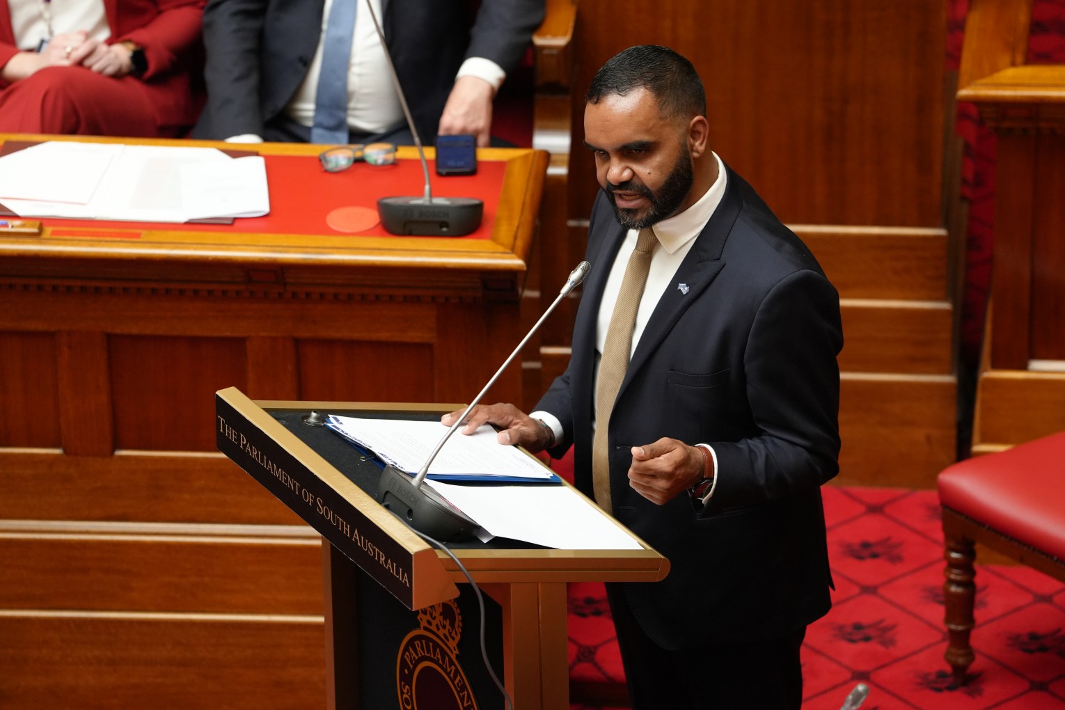 First Nations Voice presiding member Leeroy Bilney delivering the inaugural Voice address to Parliament. Photo: AAP via ABC pool