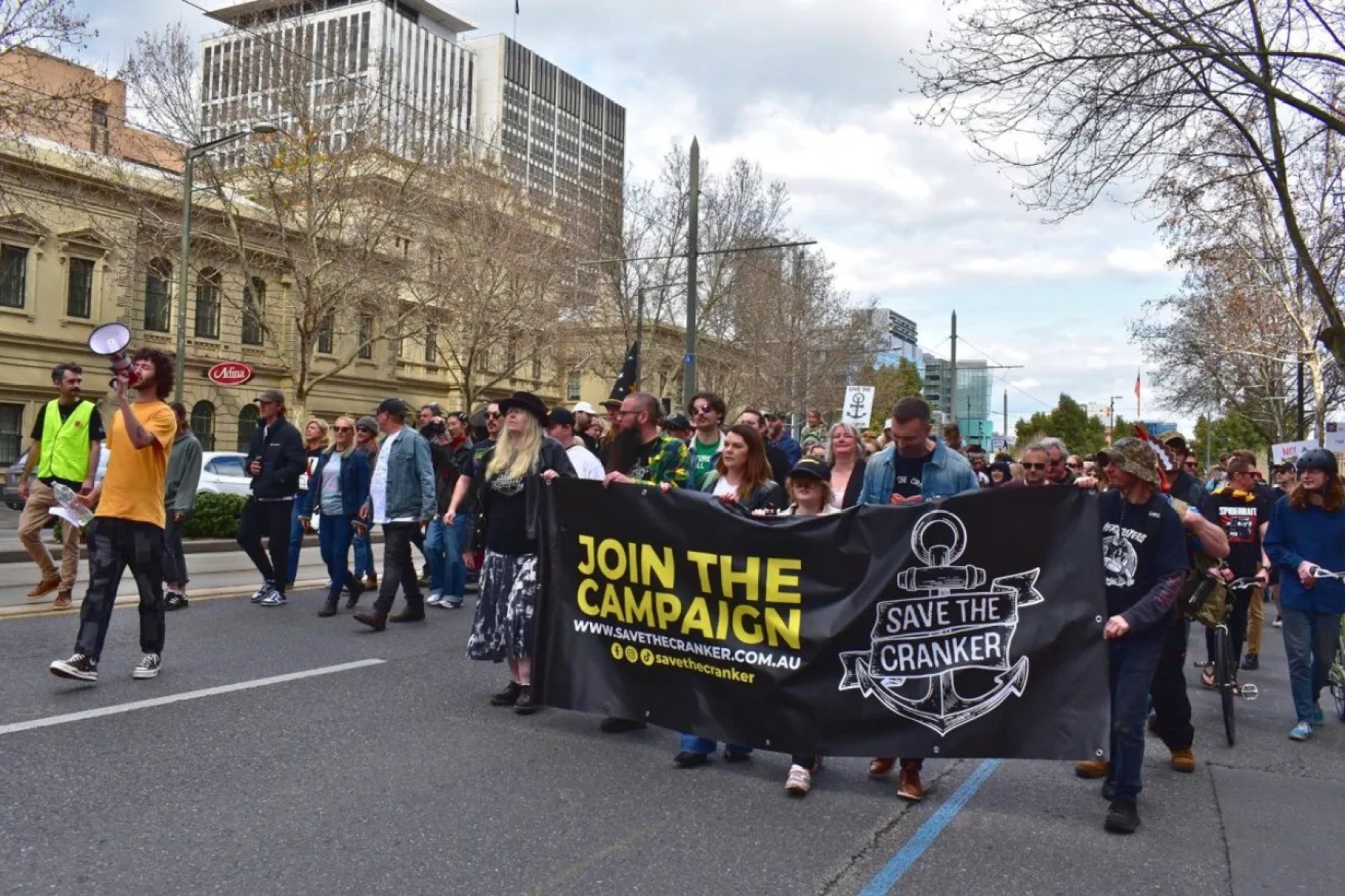 A crowd of up to 2000 marched from Victoria Square to Parliament House on North Terrace in support of the Cranker before the deal to save it was announced. Photo: Helen Karakulak/InDaily