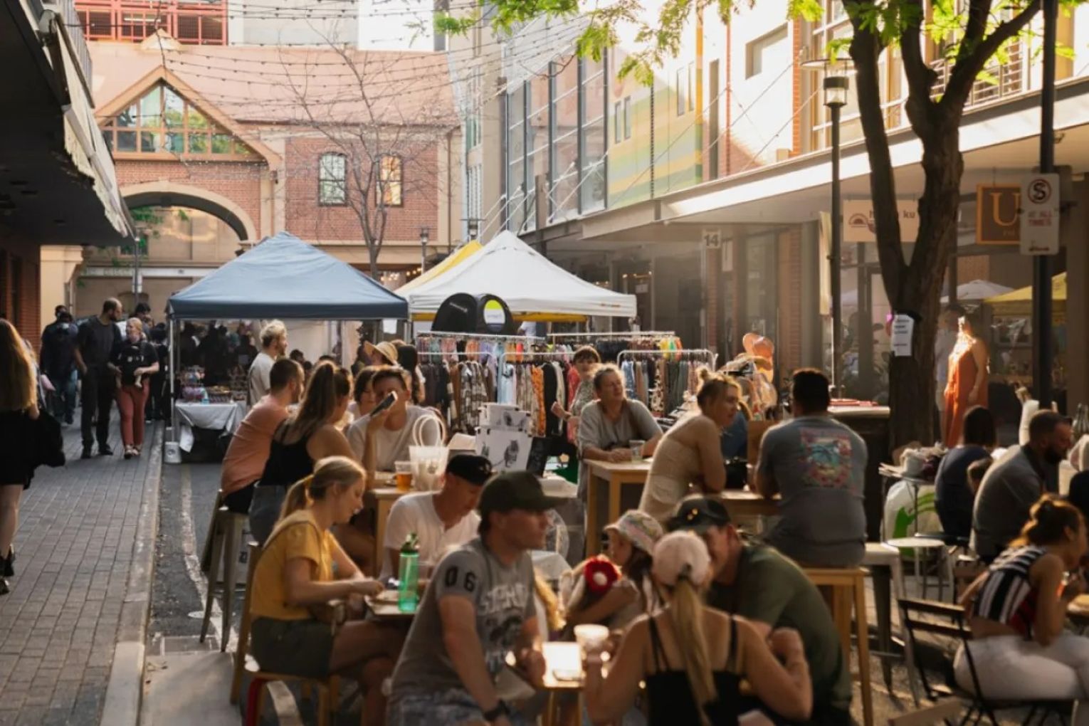 People dining outside and stalls at the Ebenezer Night Markets in Adelaide. This picture: Johnny Von Einem/CityMag
