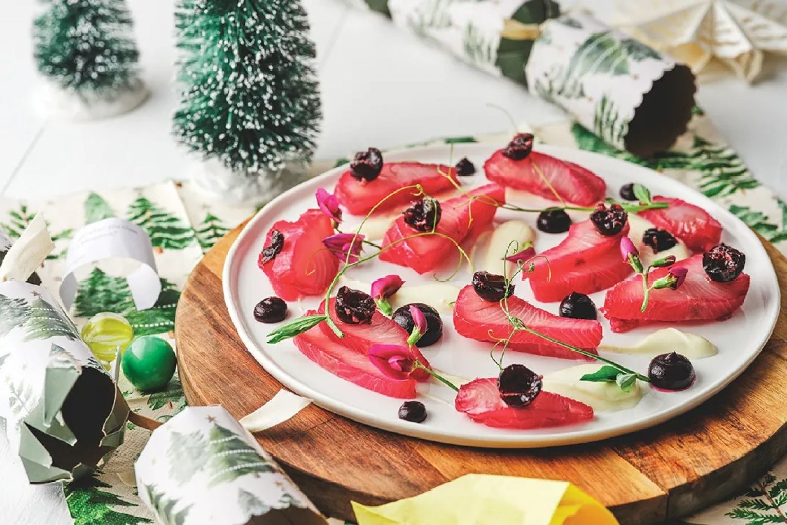 Kane Pollard's cherry cured kingfish. Photograph Brendan Homan. Food styling Natalie Homan. Backdrop supplied Adelaide Pressed Metal