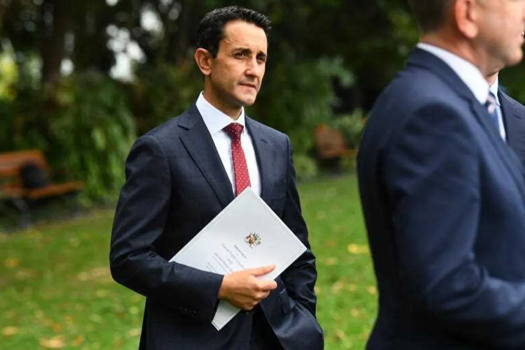 Premier David Crisafulli looks on at a media conference after being sworn in at Government House in Brisbane, Monday, October 28, 2024. Photo: AAP/Jono Searle