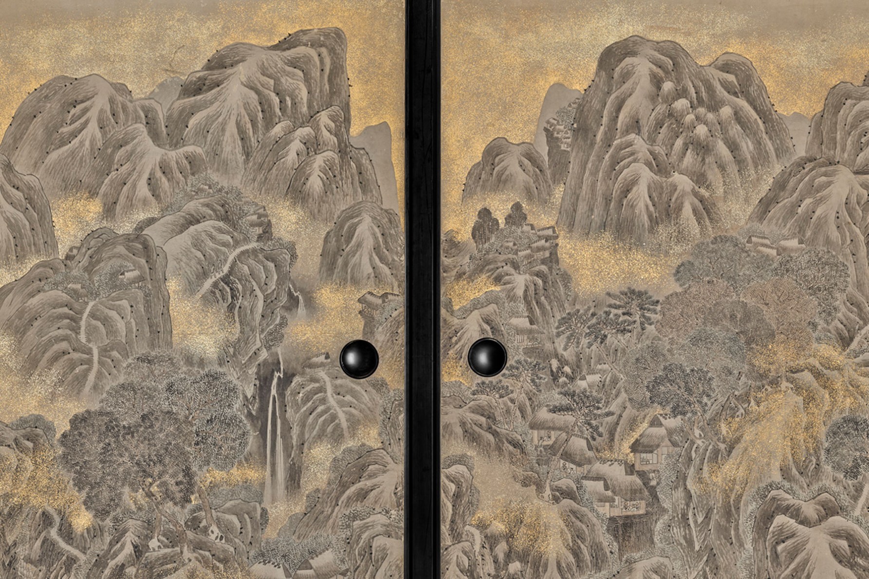 Ki Baitei and Kano Eishun, 'Sliding doors (fusuma) with mountain landscape, reeds and geese' (detail), c 1805, sliding doors (fusuma), ink, pigments, gold on paper. Gift of Tom Pearce, Robyn Cowan, Lindsay Harris, John Phillips, Raphy Star, Kelly Day, Jennifer Harris, Tom & Heather Karmel and Sharon Yates through the AGSA Foundation 2024.