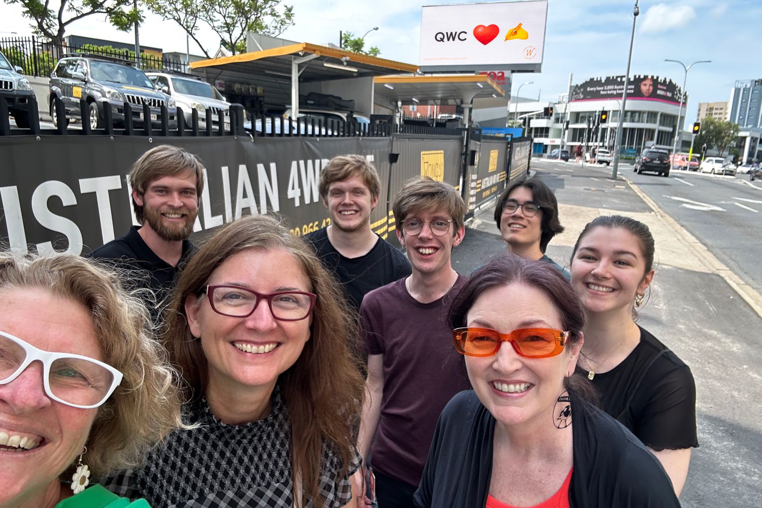 QWC Loves Writers team (left to right) Helen Roche community, Phoenix Senhenn video, Sandra Makaresz publications, Cody Hargreaves membership, Charlie Hester operations, Lori-Jay Ellis CEO, Ryo O’Loingsigh workshops and Simone Everingham graphics.