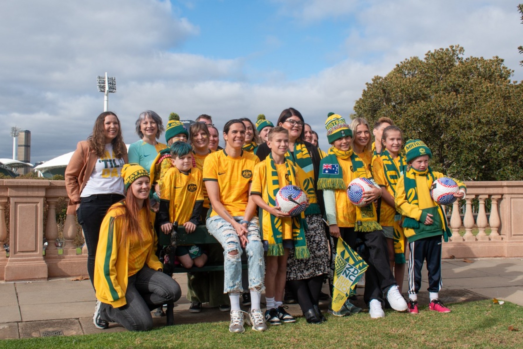 Matildas Lydia Williams and Charli Grant with Tourism Minister Zoe Bettison and fans