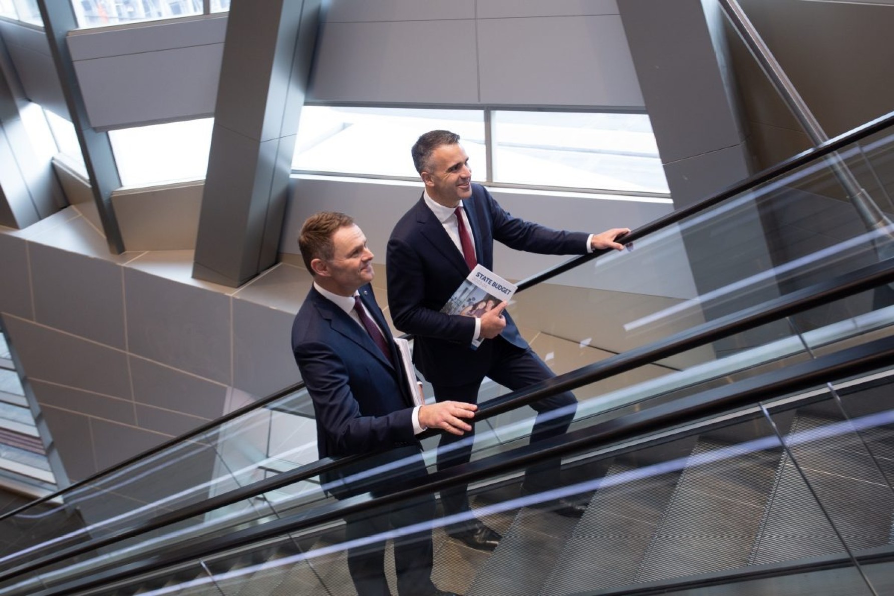 Treasurer Stephen Mullighan and Premier Peter Malinauskas prepare to deliver the 2023-24 State Budget. Photo: Brett Hartwig/InDaily