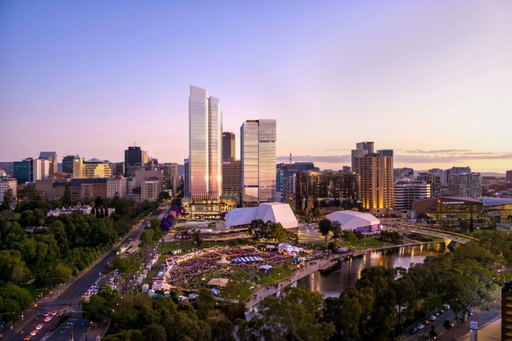 A 38-storey tower is planned for Festival Plaza behind Parliament House and next to Walker Corporation's existing tower. Image: supplied by state government