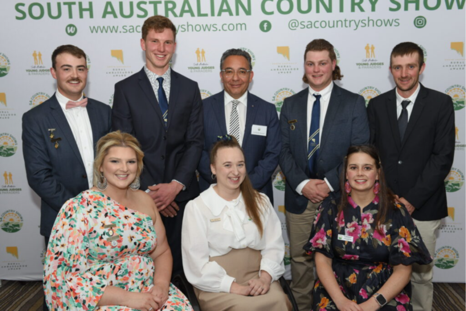 2023 Rural Ambassador State Finalists: (L-R back): Lachlan Johnson, James Krieg, Meehdi Doroudi; Department of Primary Industries and Regions Chief Executive, John O’Mahoney, Alan Lintern. (L-R front): Carly Gogelr, Elise Kennedy, Emily Halloran. Photo: SA Country Shows