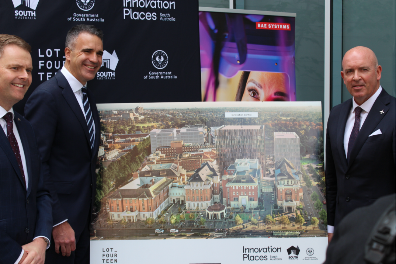 Premier Peter Malinauskas and Treasurer Stephen Mullighan announced the major tenancy today alongside BAE Systems Australia CEO Craig Lockhart. Photo: David Simmons/InDaily.