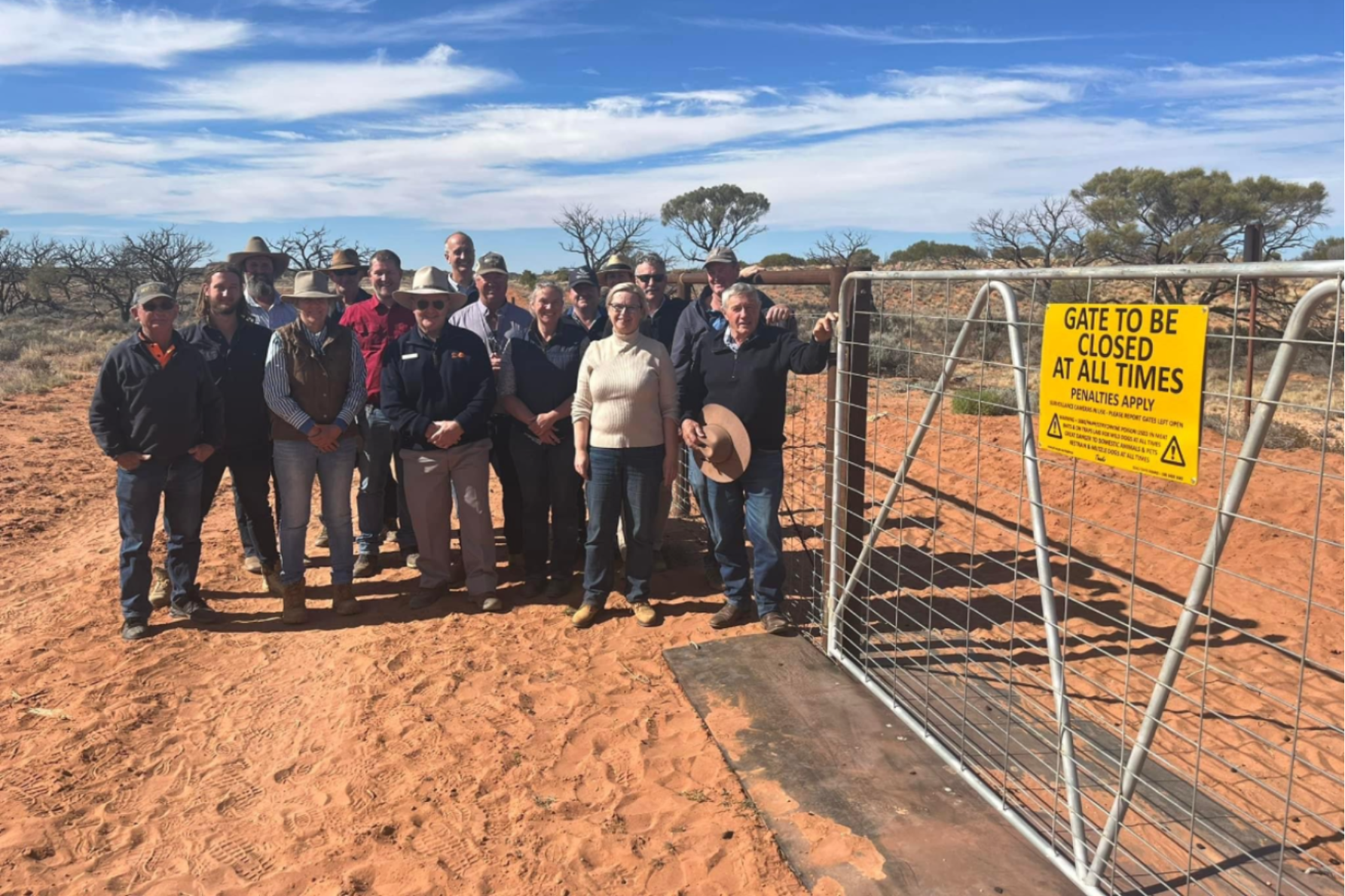 The South Australian Dog Fence is seeing a 1600km rebuild, with minister Clare Scriven visiting members of the dog fence board. Photo: supplied