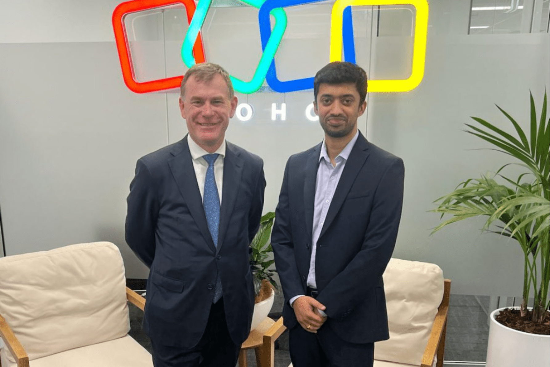 Minister for Trade and Investment Nick Champion and Zoho regional manager Rakesh Prabhakar, who said Adelaide had proven to be a "fantastic central point" for the global tech company's Australian customers. Photo: Nick Champion / X