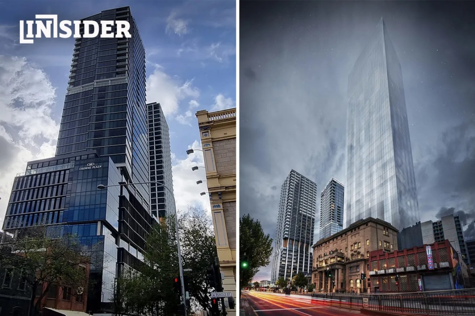 The Adelaidean on Frome Street and the proposed Keystone Tower on North Terrace. Both towers have glass facades.