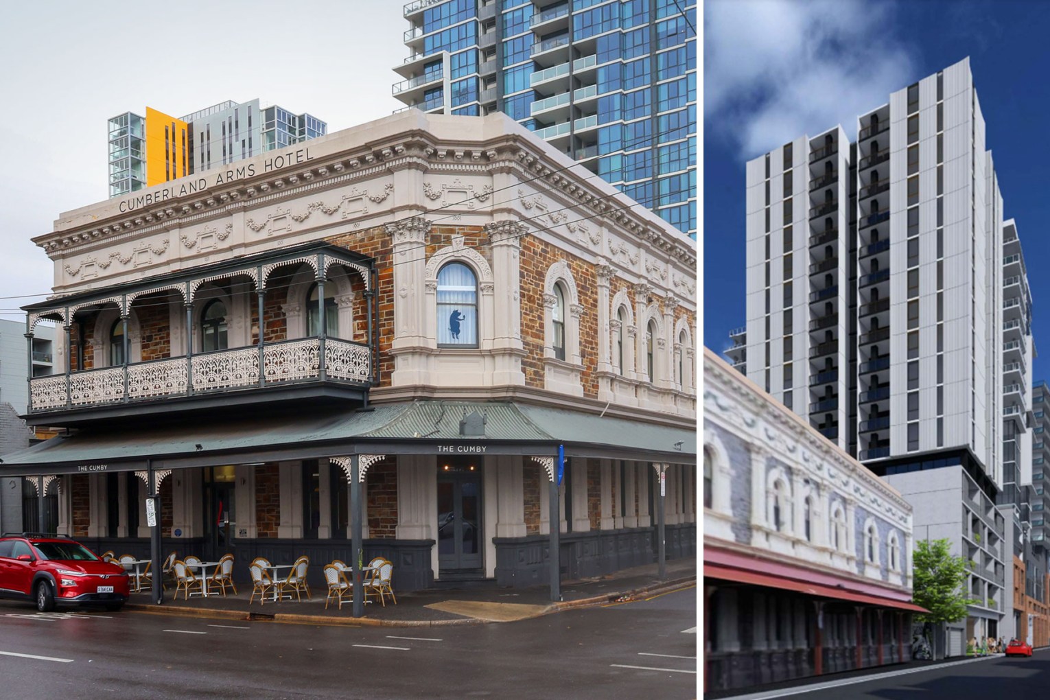 The state heritage listed Cumberland Arms Hotel on the corner of Waymouth and Elizabeth Street. An 18-storey housing development (right) is slated to go behind the pub. Left photo: Tony Lewis/InDaily, right image: Brown Falconer