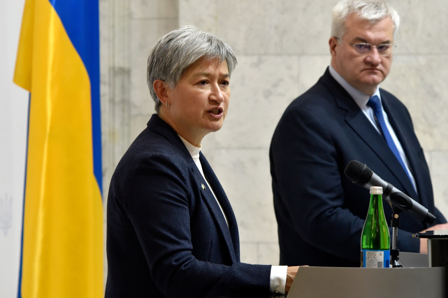 Foreign Affairs Minister Penny Wong attends a joint news conference with her Ukraine counterpart, Andrii Sybiha, in Kyiv. Photo: Ukrinform/Ukrinform/Sipa USA