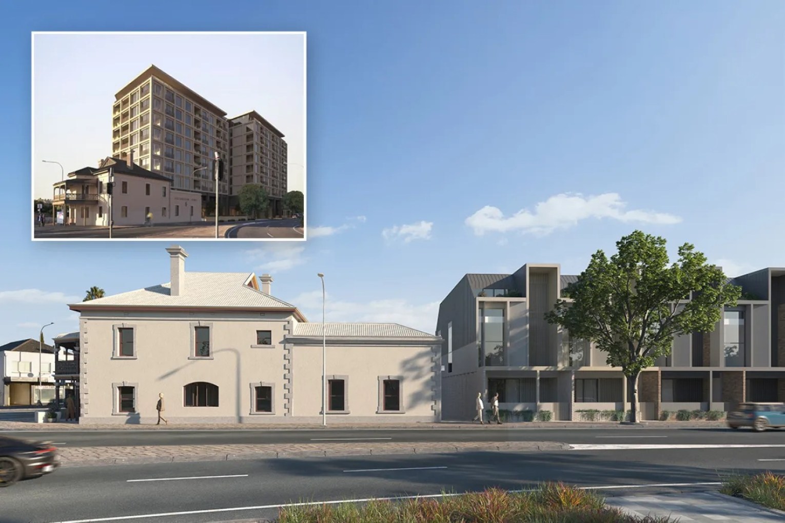 A three-storey or 10-storey development could occur behind the Buckingham Arms Hotel in Gilberton. Image: Citify and SMFA/supplied, inset image: Citify and Forum supplied