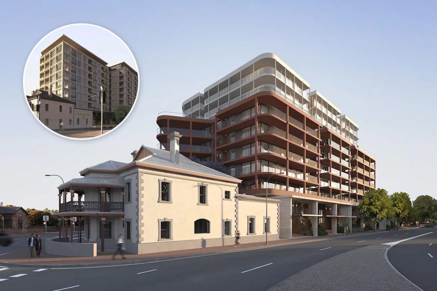 The new 10-storey proposal for the Buckingham Arms Hotel site comes after an earlier proposal (inset) was rejected. Image: Stallard Meek Flightpath Architects, inset image: Forum