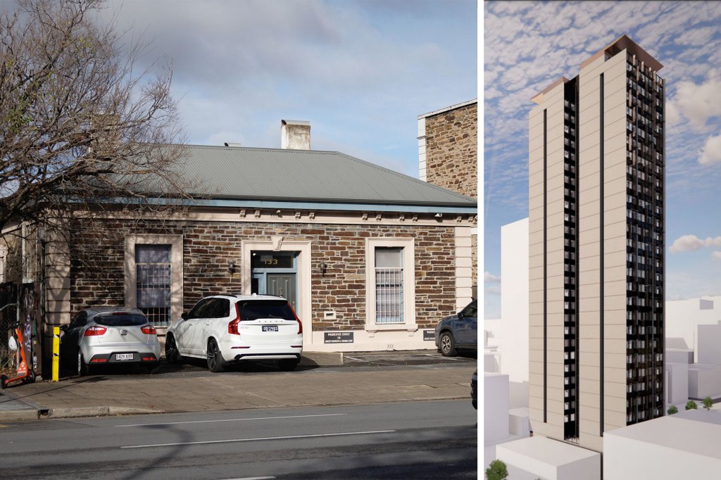 An anxiety and trauma clinic at 133 Franklin Street will be demolished to make way for a 30-level student tower under a developer's plan. Left photo: Tony Lewis/InDaily, right image: Brown Falconer