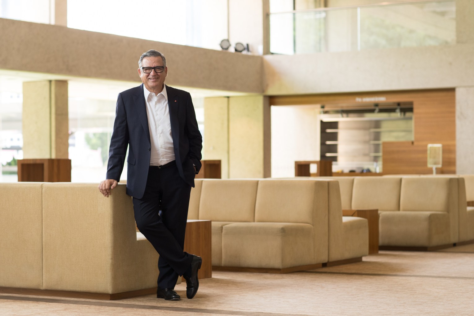 Chief executive John Kotzas in the foyer of the Concert Hall at QPAC, which he is leaving after three eventful decades. Photo: David Kelly