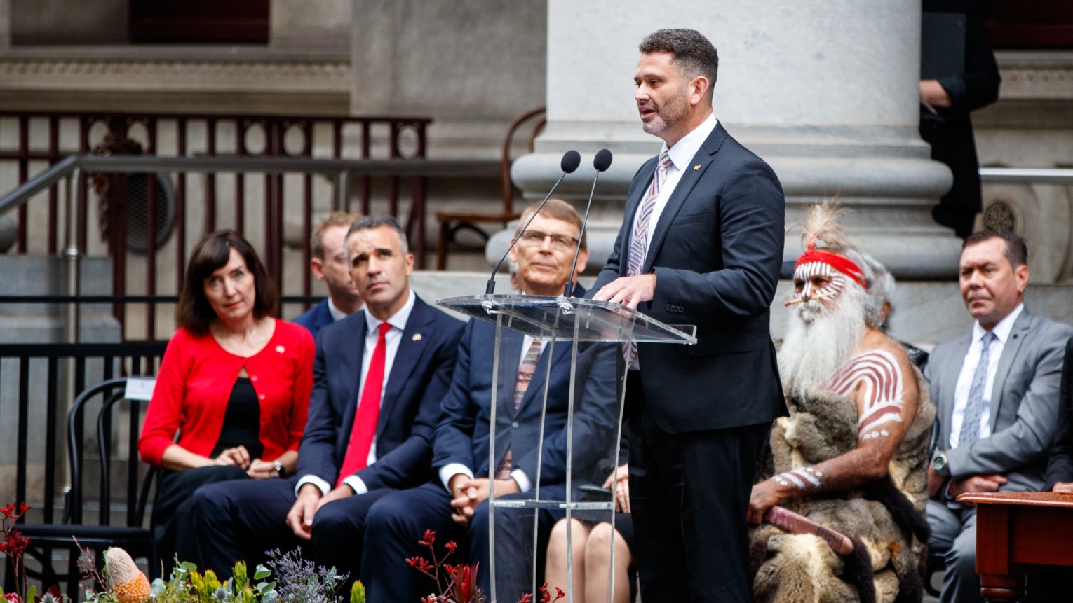 Aboriginal Affairs Minister Kyam Maher hailing the passing of the First Nations Voice Act on March 26, 2023. Photo: Matt Turner/AAP 