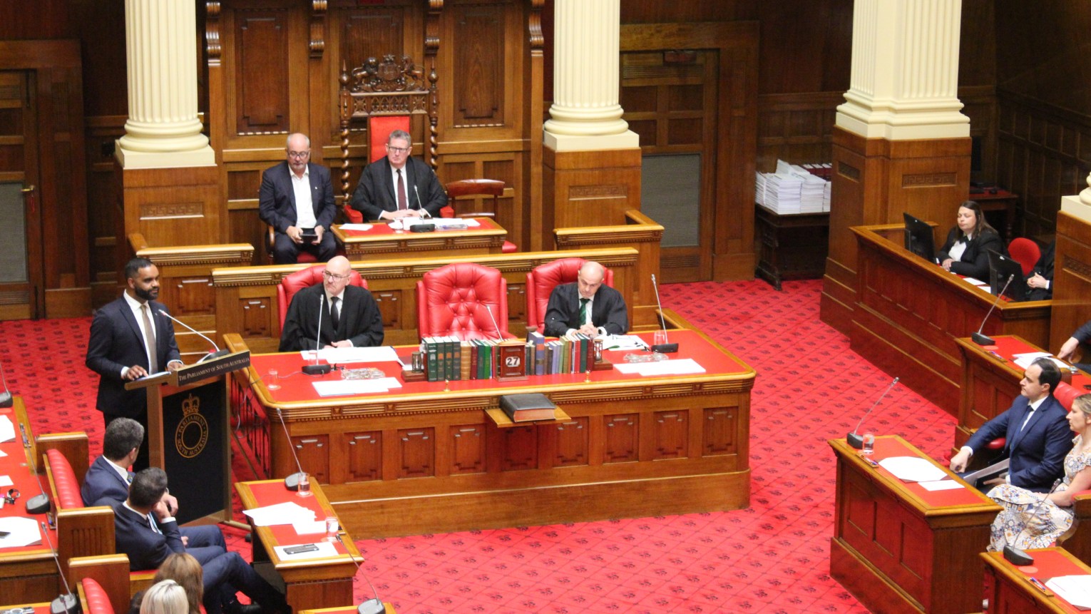 State Voice presiding member Leeroy Bilney looks at the Opposition benches during his inagural address to parliament on November 27, 2024. Photo: Thomas Kelsall/InDaily