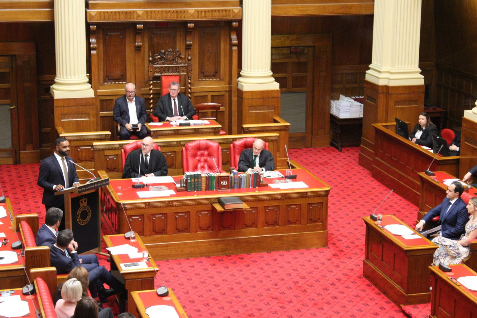 State Voice presiding member Leeroy Bilney looks at the Opposition benches during his inagural address to parliament on November 27, 2024. Photo: Thomas Kelsall/InDaily
