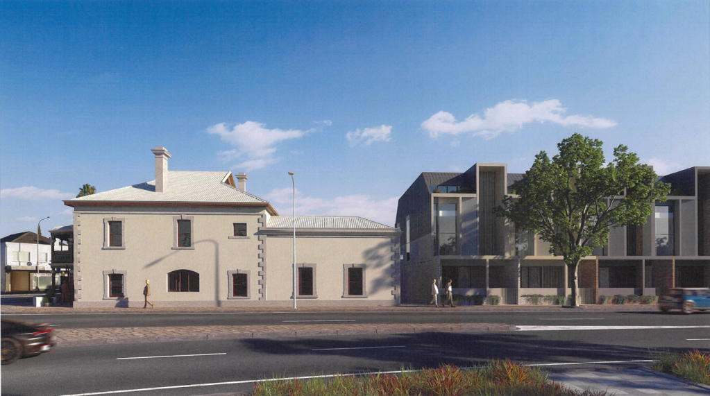 A render of the three-storey townhouse development approved behind the Buckingham Arms Hotel. Image: Citify and SMFA/supplied