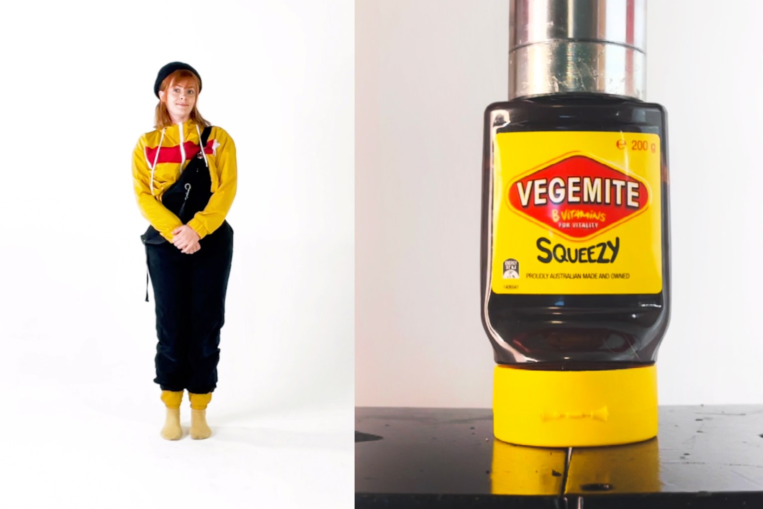 Smac McCreanor's work Vegemite from her Hydraulic Press Girl series, 2022.